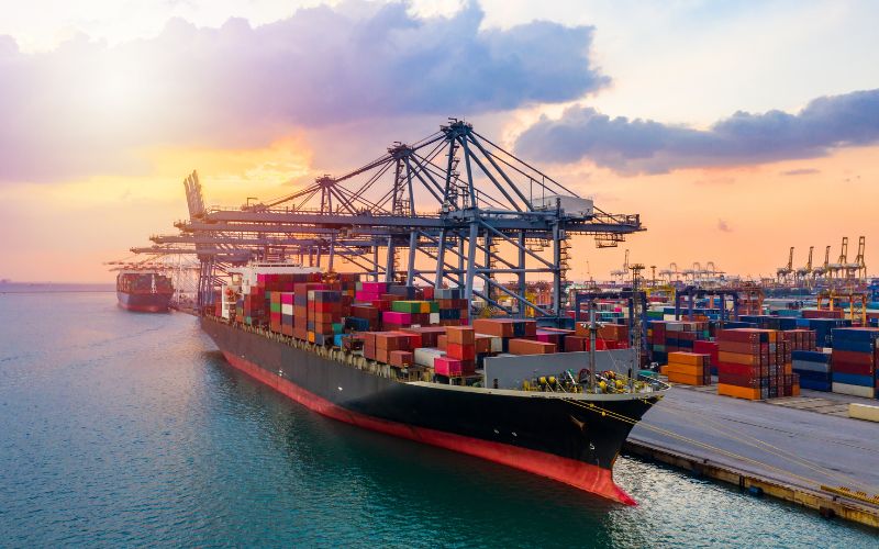 A large container ship in port, representing the global shipping industry and IC-DISC advantages for exporters.