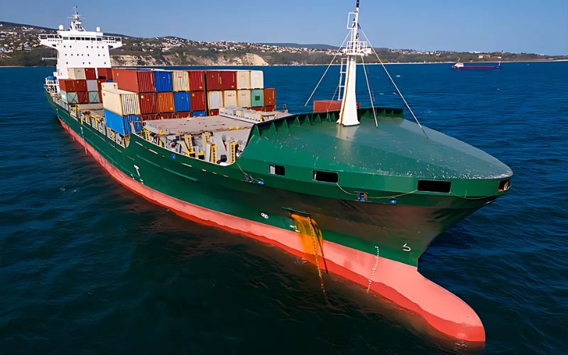 A large green cargo ship navigates the ocean, symbolizing global expansion and IC-DISC benefits in international trade.